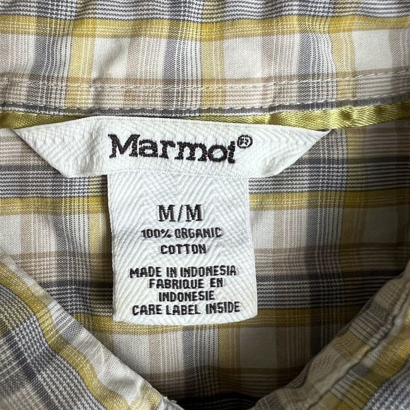 Marmot Mens Organic Cotton Gray Yellow Plaid Short Sleeve Button Up Shirt Medium - Picture 5 of 5